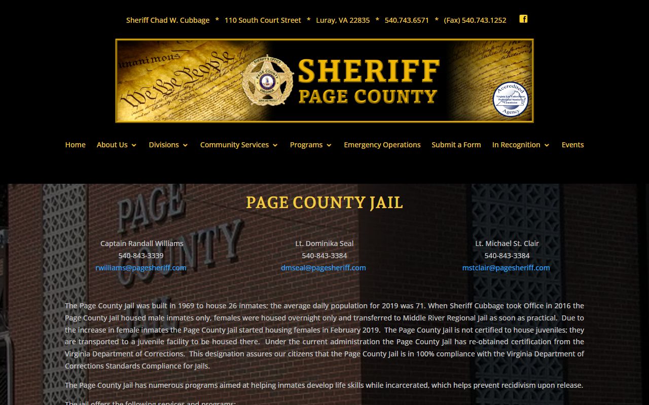 Page County Jail inmate population and jail division information