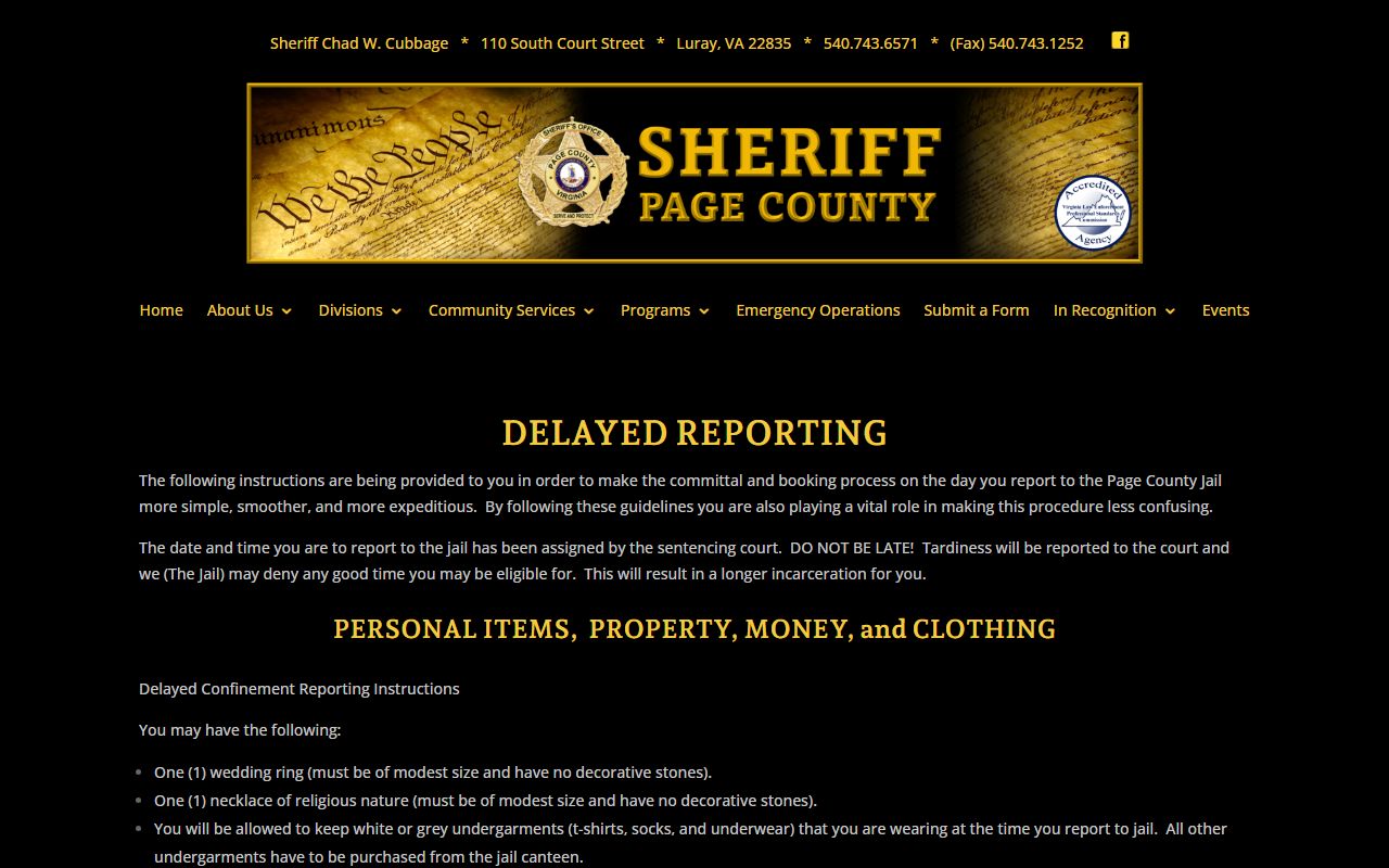 Page County inmate records visitation mail phone and money rules